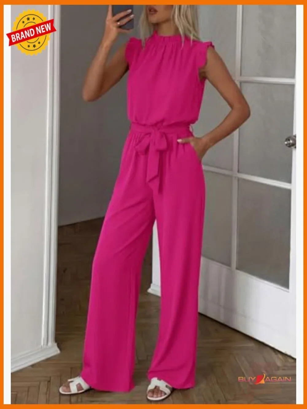 Dressy Jumpsuit with Ruffle Mock Neck, Pockets, & Belt